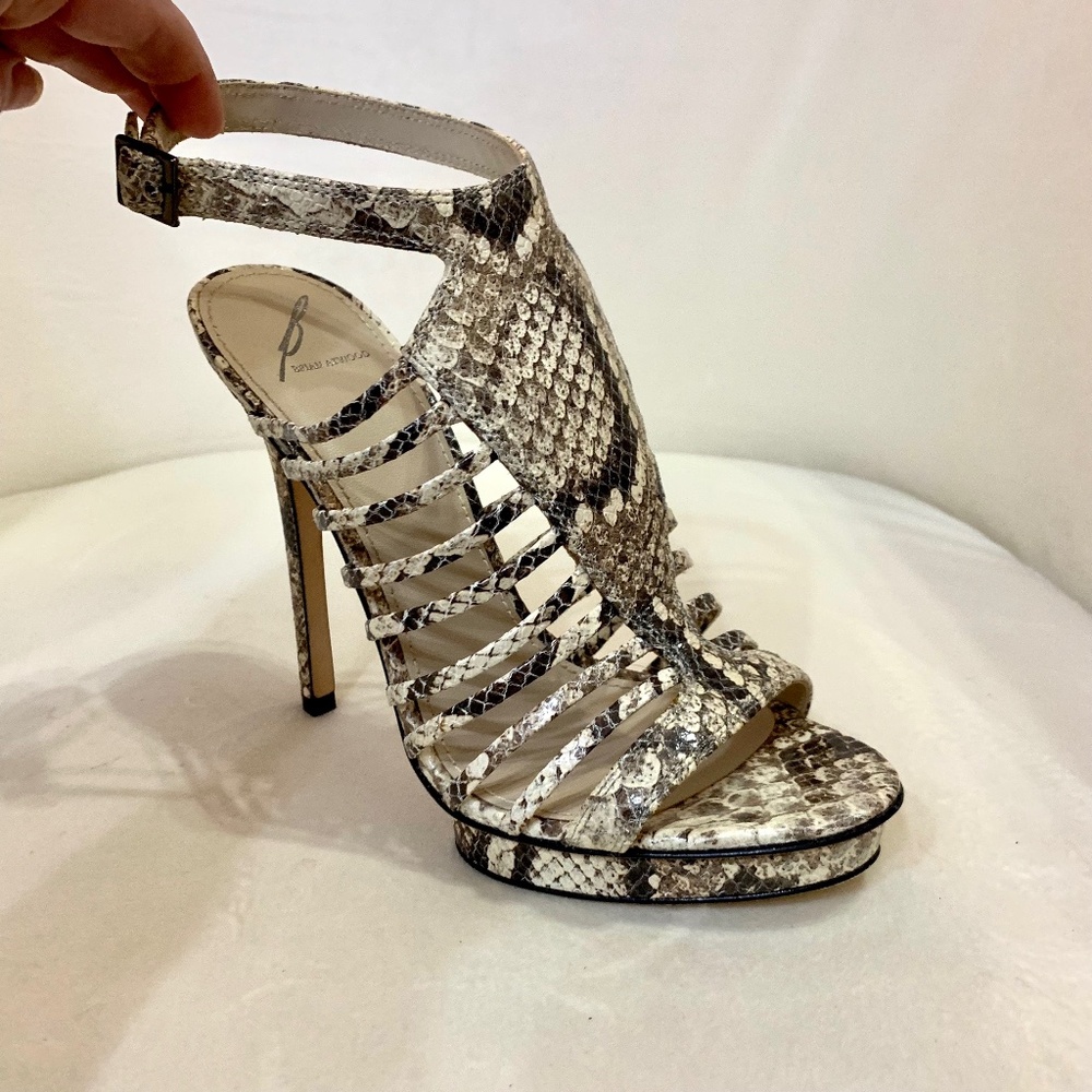 NWT BRIAN ATWOOD Calistta Snakeskin Caged Gladiator Platform Heels